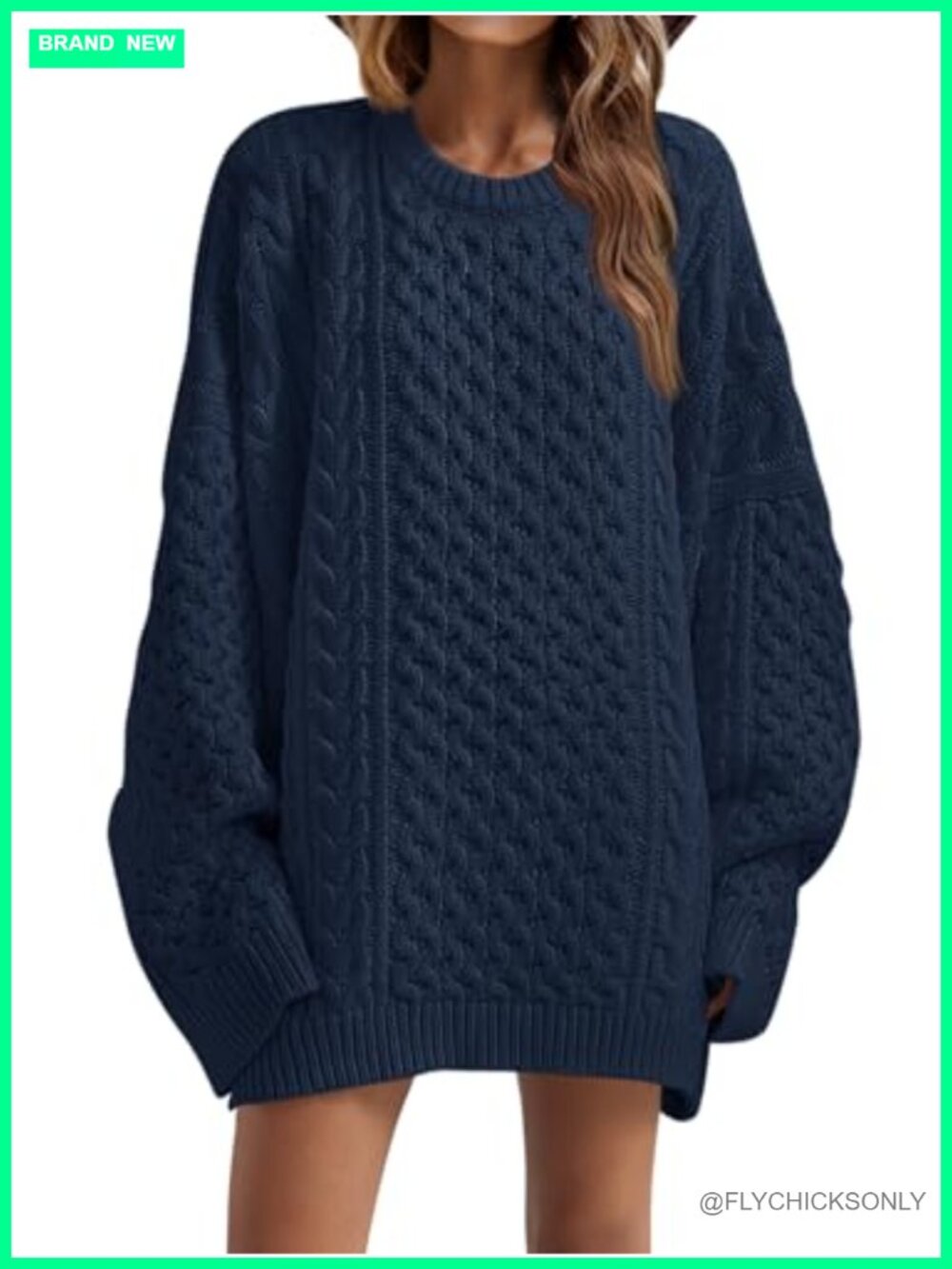 Oversized Chunky Cable Knit Tunic Sweater Acrylic Crewneck Long Sleeve Pullover
